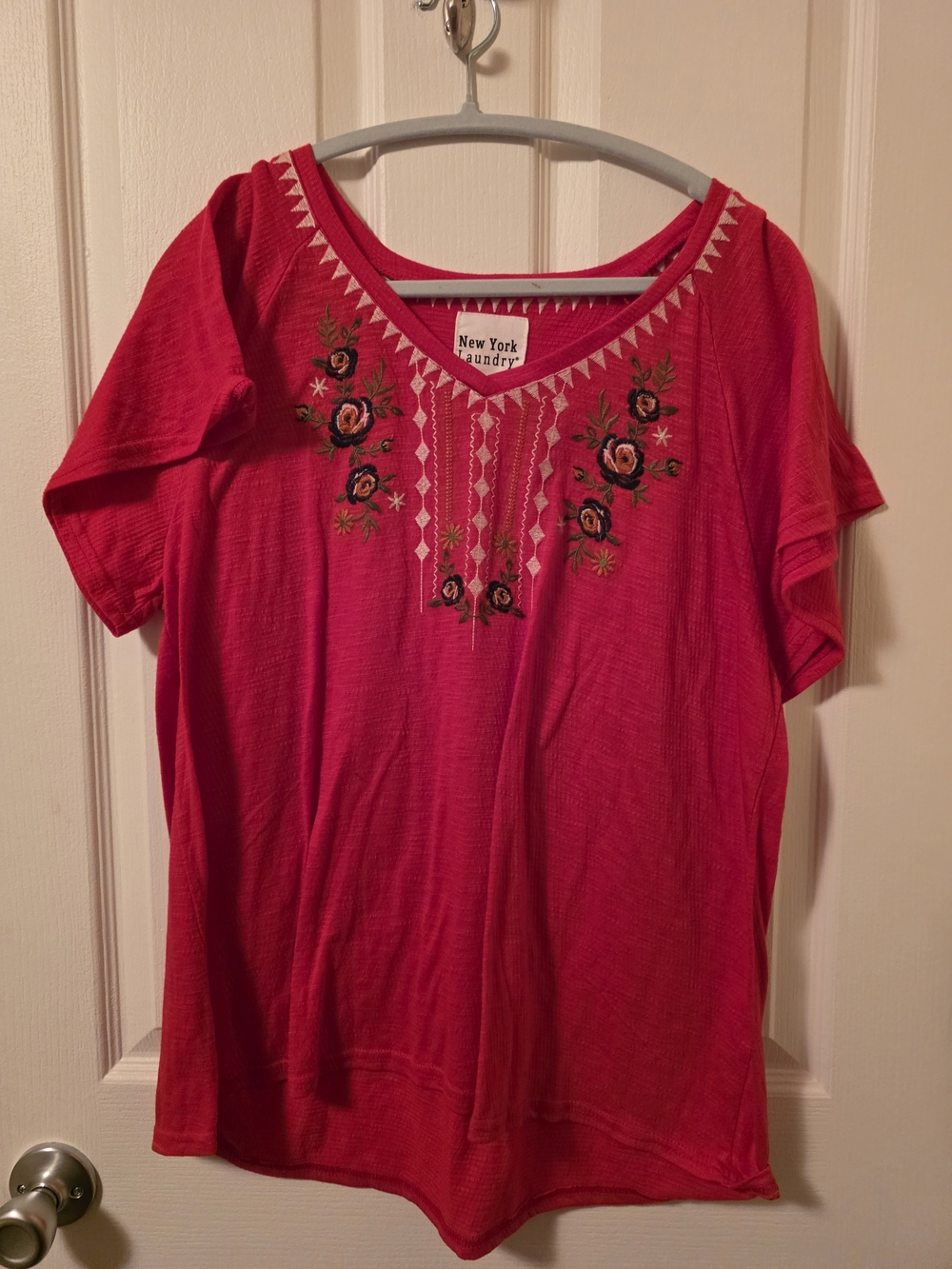 New York Laundry Embroidered Boho Blouse Fuchsia Pink Red Top XL